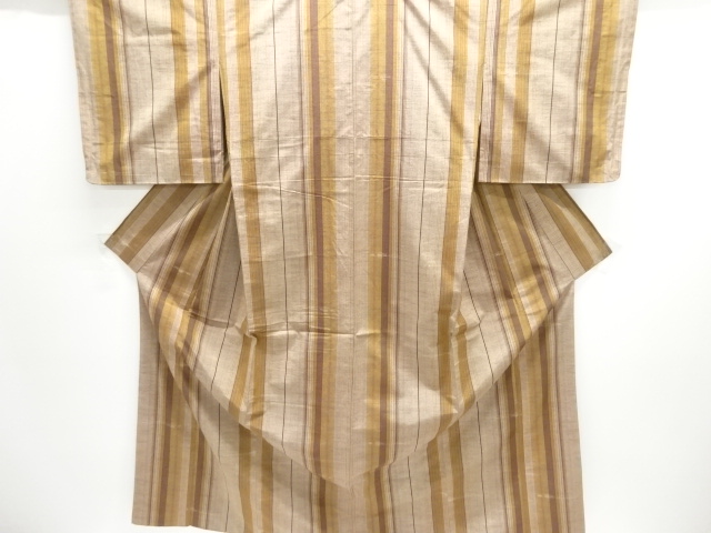 JAPANESE KIMONO / SILK / HAND WOVEN TSUMUGI / STRIPE & KANZASHI